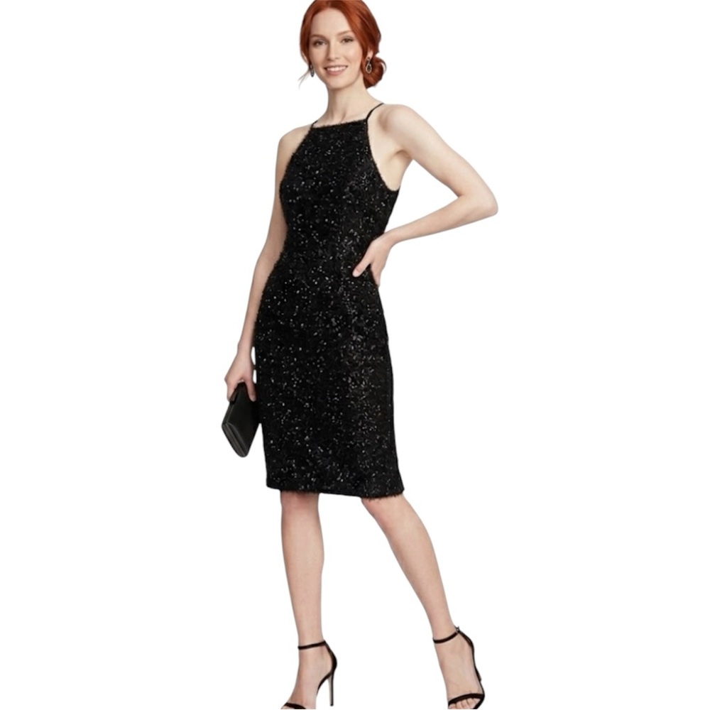 H&M Women Black Midi Dress Sparkling Tinsel Textured High Neck and Slit Size 4